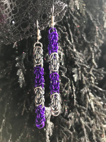 Purple and Grey Chainmail Earrings -- Long